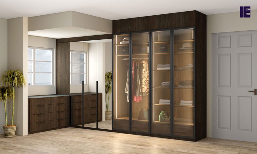 Linear-glass-wardrobe-in-dark-wood-oak-finish-with-chest-of-drawers-1
