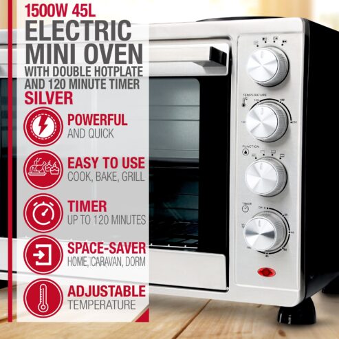 netta-1500w-45l-mini-oven-with-double-hot-plate-silver-features