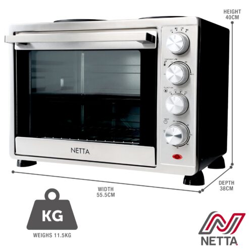 netta-1500w-45l-mini-oven-with-double-hot-plate-silver-size